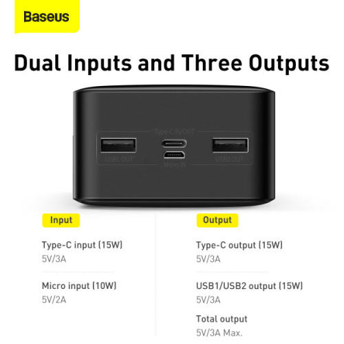 Повербанк Baseus Bipow Digital Display 30000mAh 15W 3A 2USB+Type-C чорний